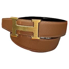 Cintura reversibile Classic Black Gold Outstitch in oro opaco - Hermès
