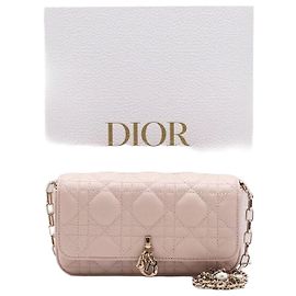 Dior Pouch mobile in pelle di agnello Cannage rosa cipria con catena di perle