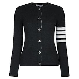 Cardigã de cashmere com riscas e gola redonda - Thom Browne