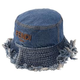 Denim-Bucket-Hat mit Logo und Fransen - Fendi