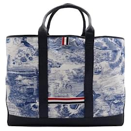 Mittlere Tool-Tote-Tasche aus Leder und Canvas mit blauem Nautik-Print - Thom Browne