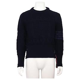 Navy Aran Cable Sweater Bars Men's Knit - Thom Browne