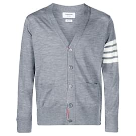 Feiner Merinowoll-Cardigan mit V-Ausschnitt Hellgrau - Thom Browne