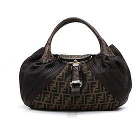 Fendi Borsa Tote Spy Weaving in tela FF e pelle marrone