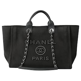 Chanel Deauville Tote Bag Black Canvas Pearls