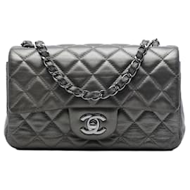 Chanel Mini Rectangular Classic Metallic Lambskin Single Flap Grigio