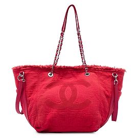 Borsa Tote Chanel Red CC Fringe Canvas