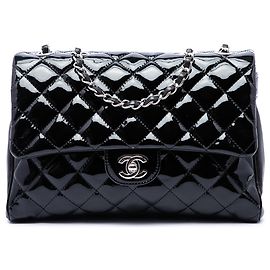 Chanel Black Large CC Quilted Patent Double Compartment Flap