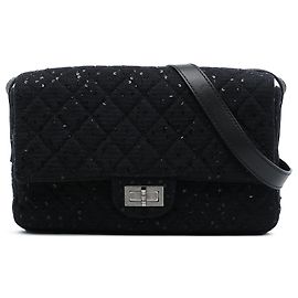 Chanel Black Jumbo Sequin Embellished Quilted Tweed Reissue 2.55 Messenger Flap