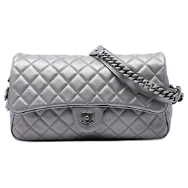Chanel Silver Medium Quilted Metallic Grained Calfskin Casual Rock Flap