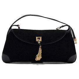Gucci Borsa a spalla e crossbody con patta in camoscio nero, logo e ciondolo tigre dorato