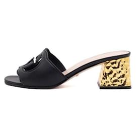 Black Leather Interlocking Cutout Women's Mid-heel Sandals Slippers - Gucci