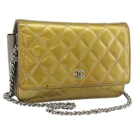 CHANEL Matelasse Chain Shoulder Wallet Patent Gold Silver CC Auth 196109
