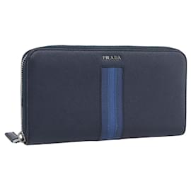 PRADA Long Wallet Saffiano Leder Navy Silver Auth 196073A - Prada
