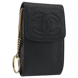 CHANEL COCO Mark Cigarette Case Caviar Skin Black Gold CC Auth bs36774