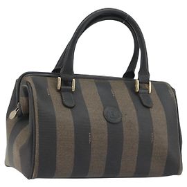 FENDI Pecan Canvas Boston Bag PVC Black Brown Auth 195590