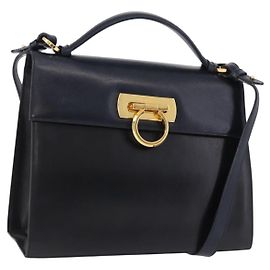 Borsa a mano in pelle Gancini Salvatore Ferragamo 2 in 1 Blu Navy Oro Auth ka5648