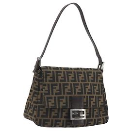FENDI Zucca Canvas Mamma Baguette Schultertasche Braun Silber Auth 195445V