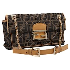 Borsa a tracolla con catena FENDI Zucca Canvas Nero e Marrone Auth 195522V