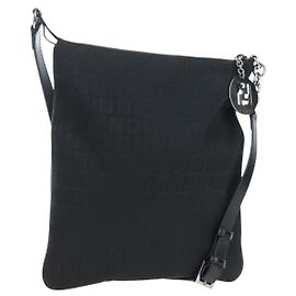FENDI Zucchino Canvas Shoulder Bag Black Silver 8BT151 Auth 195776V