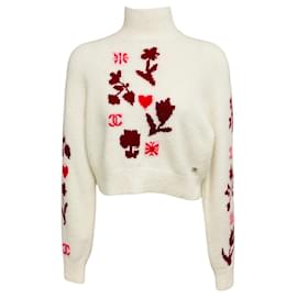 Chanel Intarsia-Kaschmir-Strickpullover in Elfenbein / Rot / Burgunderrot mit Kristall-CC-Logo