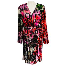 Autre Marque Abito da cocktail Libertine Black / Pink / Red Multi Poem Print 'A Dream for Winter' effetto a portafoglio con cintura