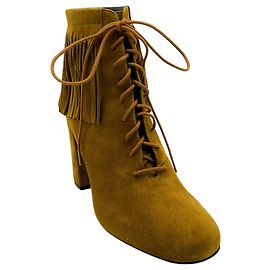 Stivaletti stringati con frange in camoscio Cognac Saint Laurent