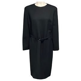 The Row Schwarzes langärmliges Kleid aus Wollstretch mit Gürtel