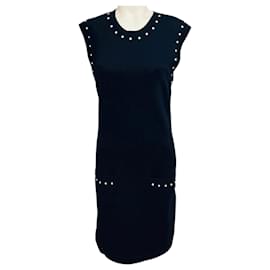 Chanel Kleid aus Baumwolle und Kaschmir in Marineblau mit Kunstperlen-Verzierungen und CC-Logo-Plakette