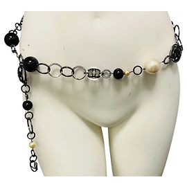 Chanel Gunmetal / Cream / Black 2003 CC Logo Pendant, Imitation Pearl, and Large Bead Ring Chain Belt