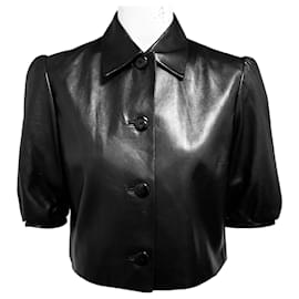 Top cropped in pelle di agnello nera con bottoni anteriori Ralph Lauren Black Label