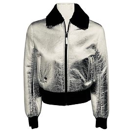 Christian Dior Reißverschlussjacke aus gekräuseltem Lammleder Silver Metallic / Black, mit Lammfell gefüttert und CD-Logo Bienenstickerei