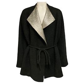 Giacca Brioni in lana bouclé nera / oro metallizzato con cintura