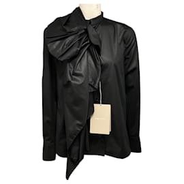 Camisa de algodón McQueen negra con volantes y lazo - Alexander Mcqueen