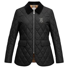 Chaqueta Burberry azul marino acolchada con cremallera frontal, forro Nova Check, detalle de parche y cuello de pana