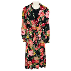 Abito midi in maglia di lana nera Junya Watanabe con sovrapposizione in chiffon floreale multicolore