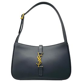 Bolsa de Ombro Le 5 a 7 Saint Laurent em Pele de Bezerro Lisa Cinza Escuro