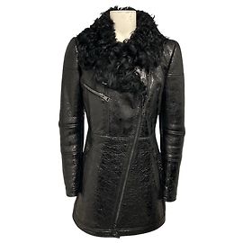 Cappotto Gucci Vintage in pelle verniciata stropicciata nera foderato in shearling di agnello