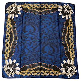 Pañuelo de seda cuadrado Versace con estampado de leopardo multicolor azul/dorado, plumas y medallón de Medusa