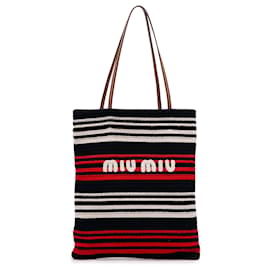 Bolso Tote Vertical Miu Miu de Crochet de Algodón Tricolor Azul a Rayas con Logo