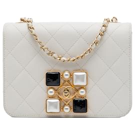 Chanel White Small CC Quilted Calfskin Crystal Pearl Full Flap
