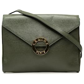 Céline Celine Borsa a Tracolla in Pelle di Vitello Verde con Logo Circolare e Patta a Busta