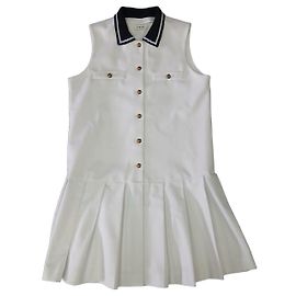 Vestido plissado sem mangas branco Sandro com gola azul marinho