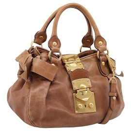 Borsa a mano in pelle Miu Miu con nastro 2 in 1 marrone oro Auth 195137V