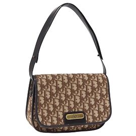 Borsa a Tracolla Christian Dior Trotter Canvas Beige Tono Oro Auth 195442A