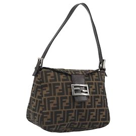 Bolsa de Ombro FENDI Zucca Canvas Mamma Baguette Marrom Prata Auth 195494V