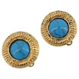Orecchini CHANEL Metallo Dorato Blu CC Auth 195370 - Chanel