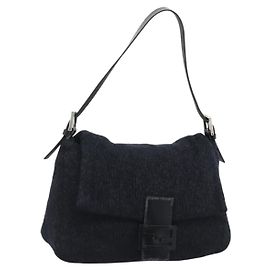 Borsa a tracolla FENDI Mamma Baguette in lana blu navy argento Auth 196191