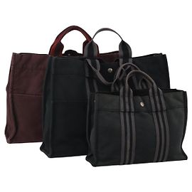 Hermès Bolso HERMES Fourre Tout de algodón Set de 3 Negro Rojo Auth 192553