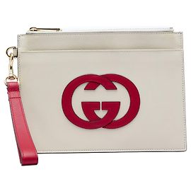 Clutch da polso in pelle di vitello bianca Gucci con G intrecciato